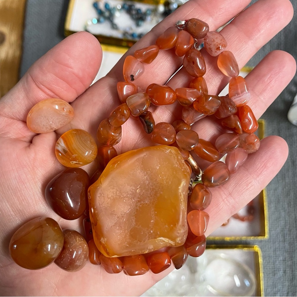 Carnelian Orange Gemstone Necklace - with natural raw stone and tumbles